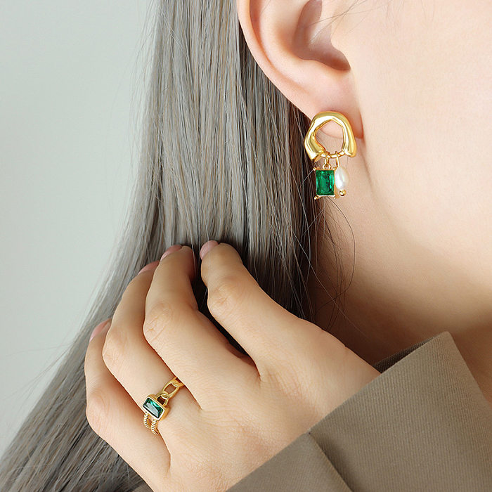 1 Paar schlichte, quadratische Ohrringe aus Edelstahl mit Perlenbeschichtung und Inlay aus Glas und Stein