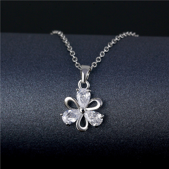 Wholesale Korean Style Peacock Leaves Water Droplets Stainless Steel  Stainless Steel Platinum Plated Rhodium Plated Zircon Pendant Necklace