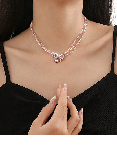 Sweet Bow Knot Stainless Steel Copper Plating Inlay Zircon Gold Plated Pendant Necklace