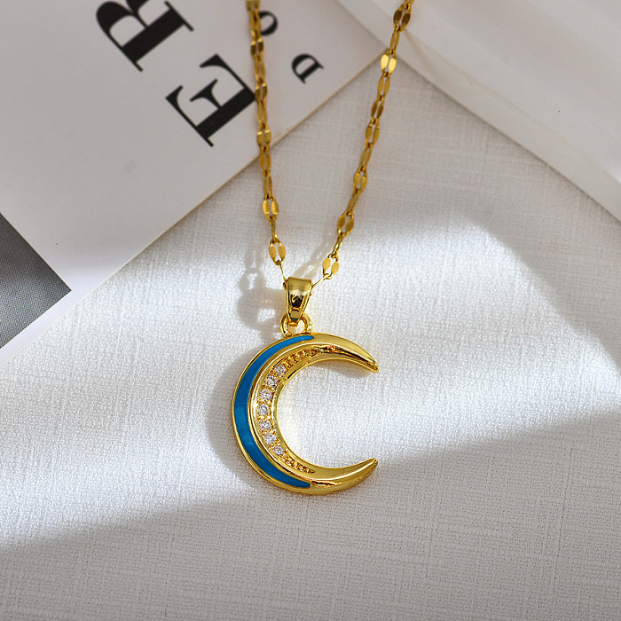 Elegant Luxurious Moon Stainless Steel Copper Enamel Plating Inlay Zircon 18K Gold Plated Pendant Necklace