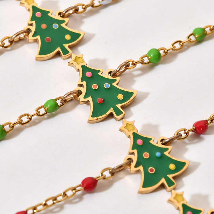 Großhandel Armbänder im Cartoon-Stil, niedlicher Weihnachtsbaum, Edelstahl, Emaille-Beschichtung, vergoldet