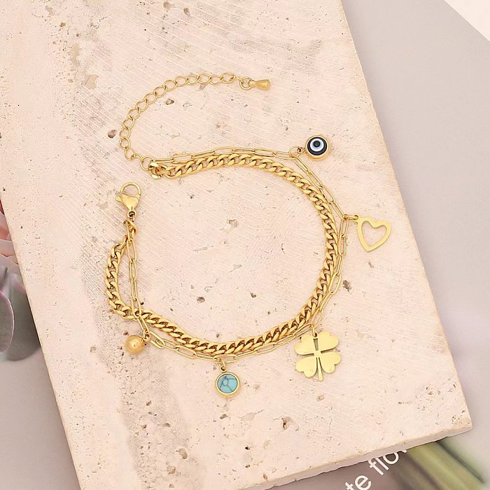 IG Style Vintage Style Four Leaf Clover Eye Titanium Steel Plating Inlay Turquoise Resin 18K Gold Plated Bracelets