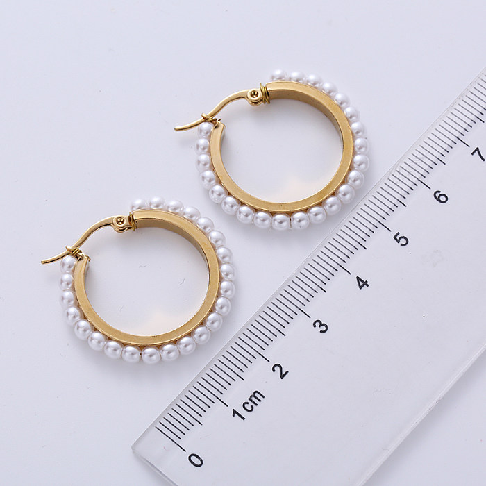 1 Pair Fashion Round Stainless Steel  Plating Inlay Artificial Pearls Hoop Earrings