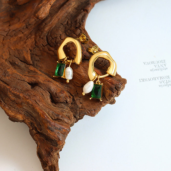 Boucles d'oreilles pendantes carrées en acier inoxydable, Style ethnique, incrustation de pierre de verre, 1 paire