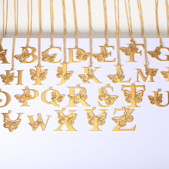Lässiger, schlichter Stil, Buchstabe, Schmetterling, Edelstahl-Beschichtung, ausgehöhlte 18-Karat-vergoldete Anhänger-Halskette