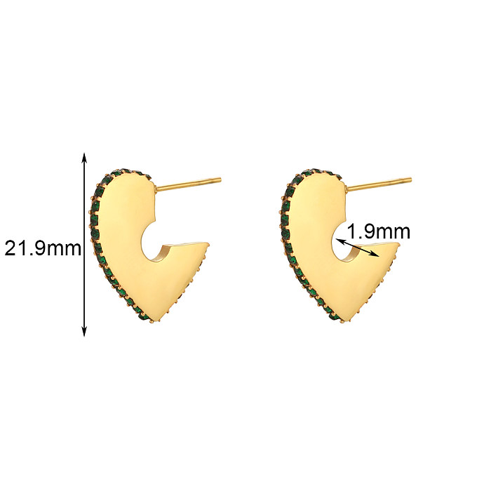 1 Paar moderne C-förmige Herzform-Ohrstecker mit Edelstahlbeschichtung, Intarsien, Strasssteinen und Perlen, 18 Karat vergoldet