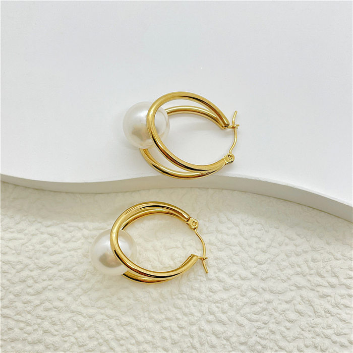 Boucles d'oreilles géométriques en acier inoxydable, Style Simple, placage de perles artificielles, 1 paire