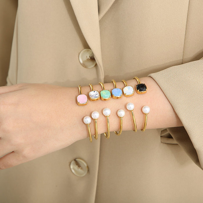Bracelets de manchette plaqués or 18 carats, Style Simple rétro, incrustation carrée en titane et acier, pierre précieuse en verre, perle