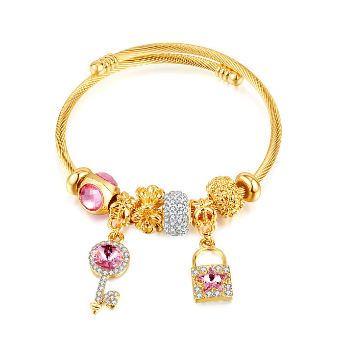 Bracelet en alliage de titane et acier, Style IG, étoile brillante, serrure à clé, incrustation de perles, strass