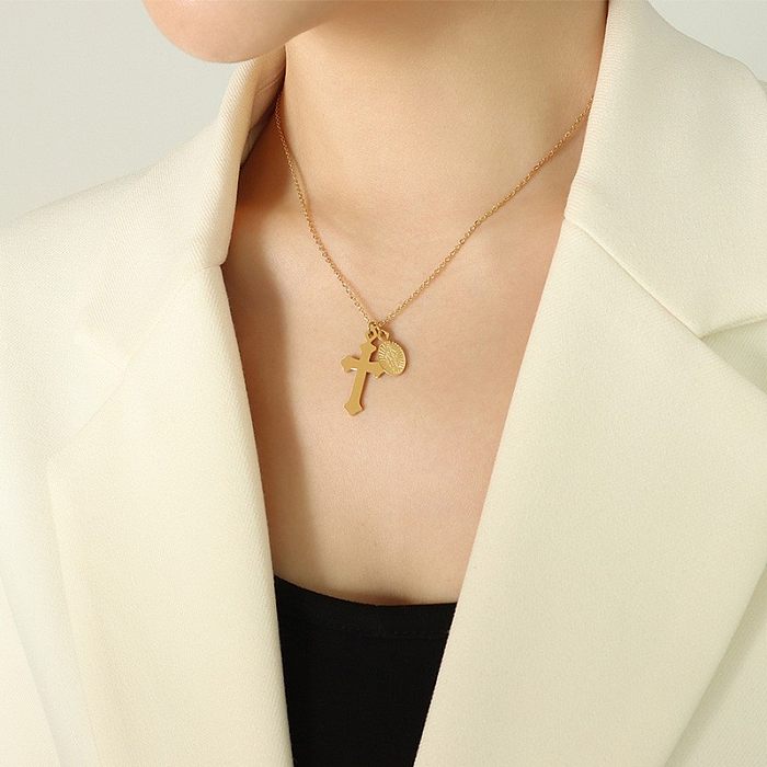 Fashion Retro Cross Godfather Oval Pendant Necklace Stainless Steel Gold Plated