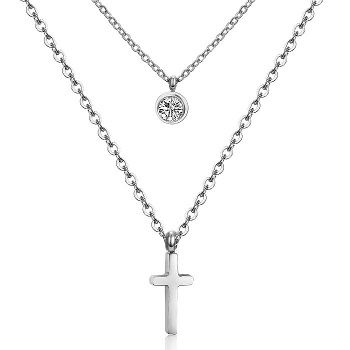 Modern Style Cross Four Leaf Clover Flower Stainless Steel  Rhinestones Layered Necklaces