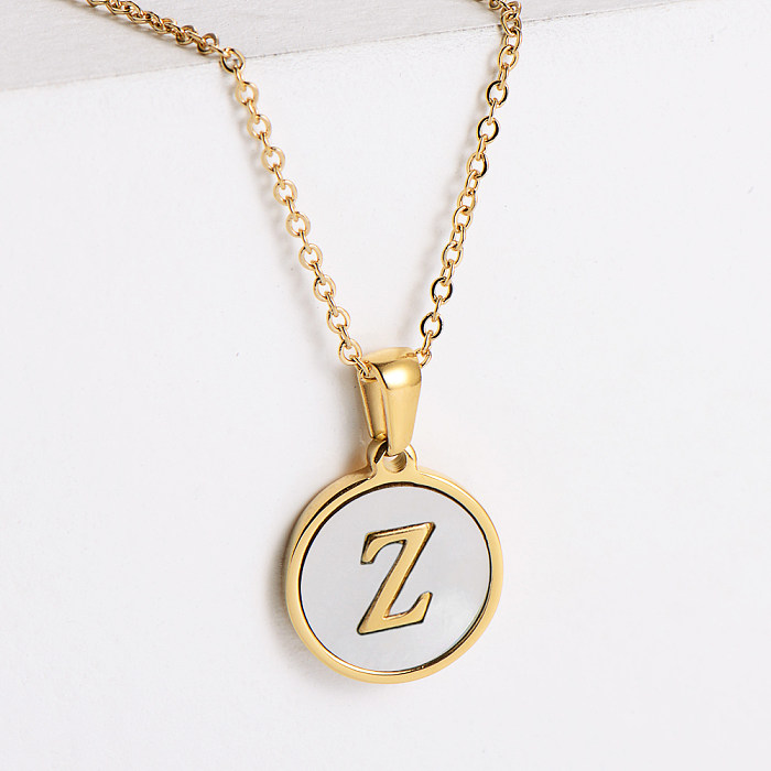 Simple Stainless Steel  26 Letter Shell Medal Necklace Wholesale jewelry