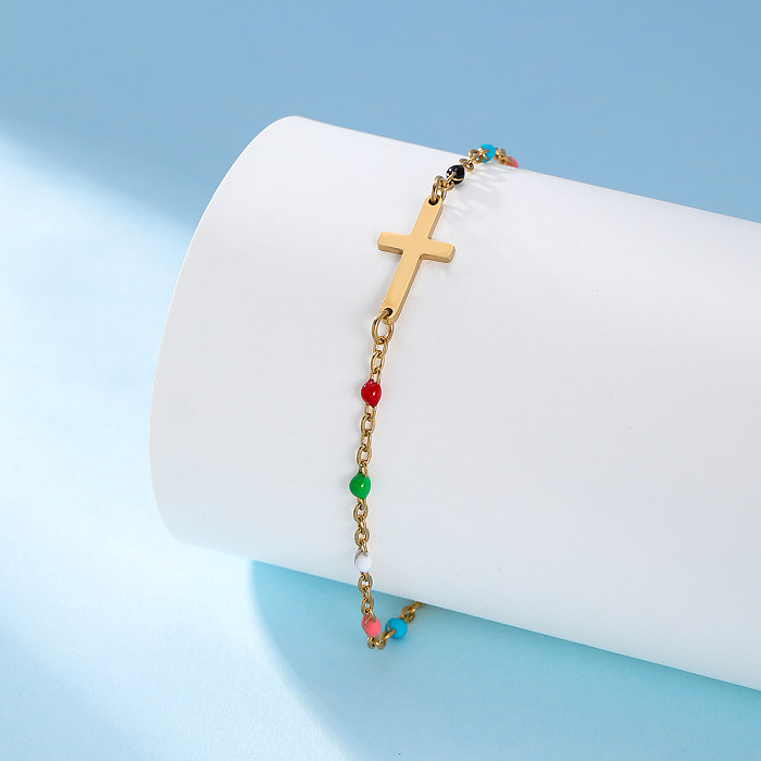Bracelets plaqués or 18K de placage perlé d'acier inoxydable de forme de coeur de croix de trajet
