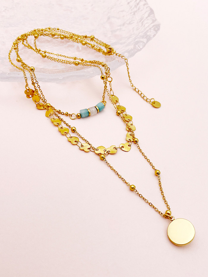 Estilo retro simples redondo formato de coração aço inoxidável frisado chapeamento inlay zircão banhado a ouro colares em camadas