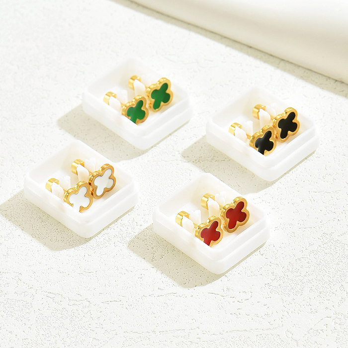 4 Pairs Preppy Style Sweet Four Leaf Clover Enamel Plating Stainless Steel  18K Gold Plated Ear Studs