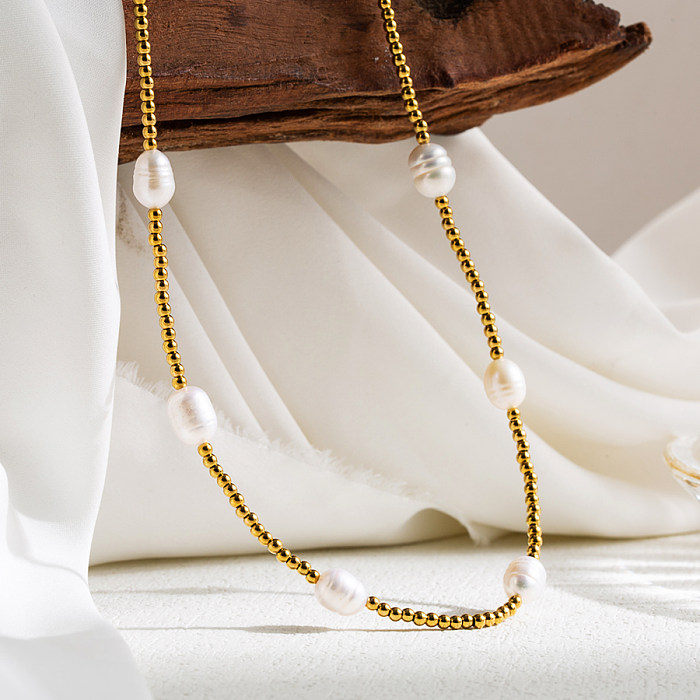 Collier ovale en perles d'eau douce en acier inoxydable, Style IG, fait à la main, plaqué or 18 carats