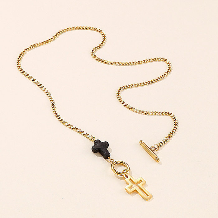 Fashion OT Buckle Stainless Steel  Hollow Cross Contrast Color Necklace
