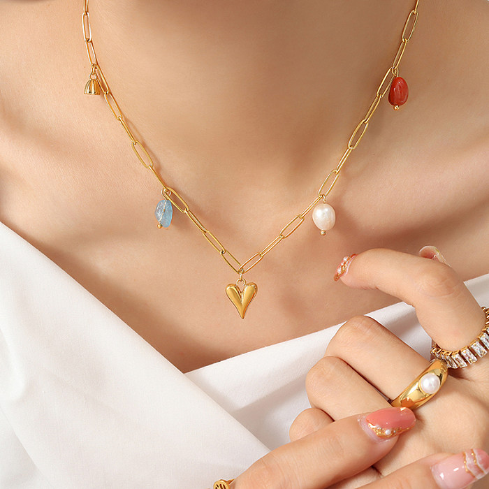 Collier élégant en forme de cœur en acier inoxydable, placage de perles artificielles, pierre naturelle, colliers en acier inoxydable