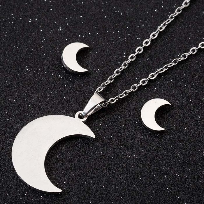 Fashion Moon Coconut Tree Fish Bone Stainless Steel  Plating Hollow Out Earrings Necklace 1 Set