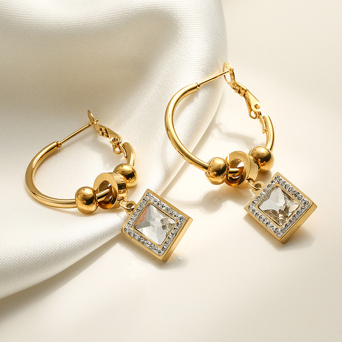 1 Paar Streetwear Pendelohrringe mit geometrischer Beschichtung, Inlay aus Edelstahl, künstlichen Perlen, Zirkon, 18 Karat vergoldet