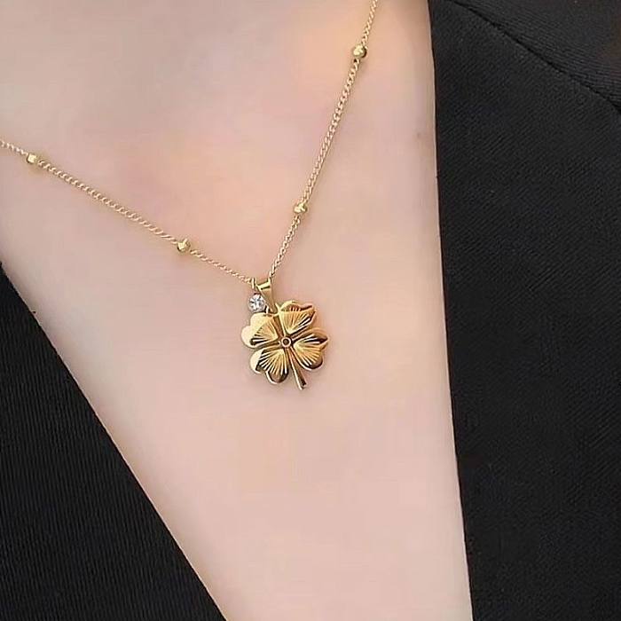 Simple Style Four Leaf Clover Stainless Steel Plating Inlay Rhinestones 18K Gold Plated Pendant Necklace