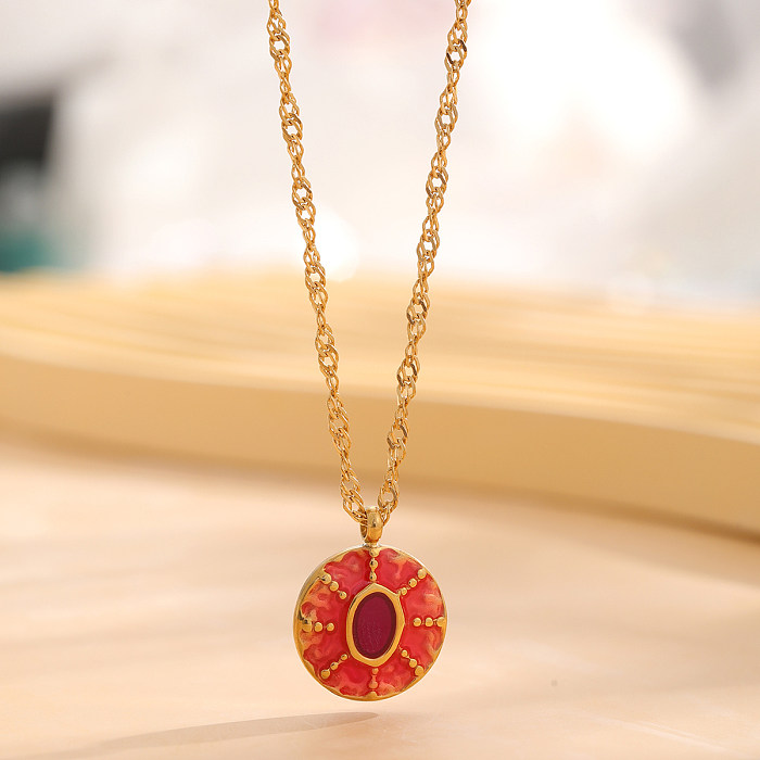 Retro Round Flower Snake Stainless Steel Enamel Plating Gold Plated Pendant Necklace