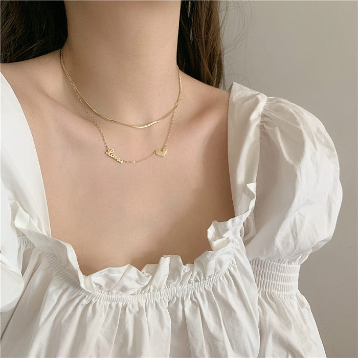 Korean Stainless Steel Gold-plated Double Layered With Love Letters Short Clavicle Chain Necklace Wholesale jewelry