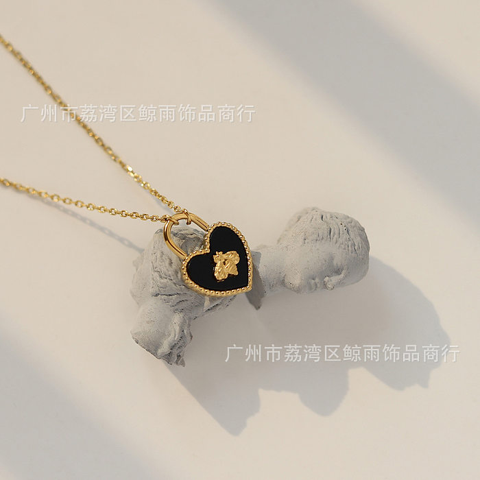 Bee Heart Lock Black Stainless Steel Plated 18K Gold Necklace Clavicle Chain