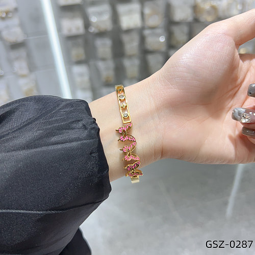 Casual Classic Style Flower Butterfly Stainless Steel Epoxy Inlay Resin Rhinestones Rose Gold Plated Gold Plated Silver Plated Bangle
