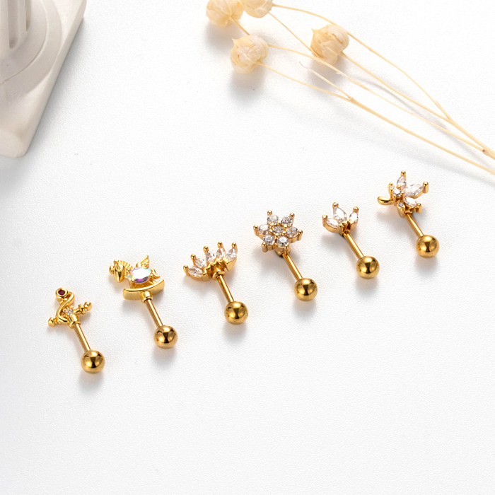 1 peça estilo simples cruz folha flor flores zircão de aço inoxidável 18K brincos banhados a ouro