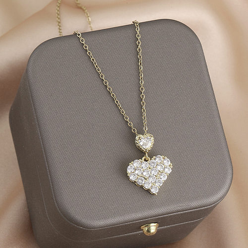 Casual Simple Style Heart Shape Stainless Steel Copper Inlay Zircon Pendant Necklace