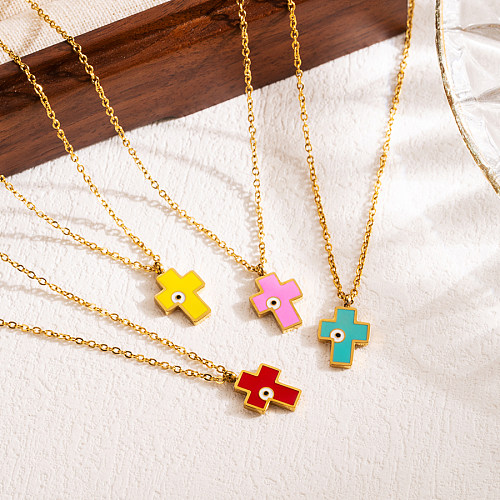 Modern Style Cross Eye Stainless Steel  Enamel Three-dimensional 18K Gold Plated Pendant Necklace