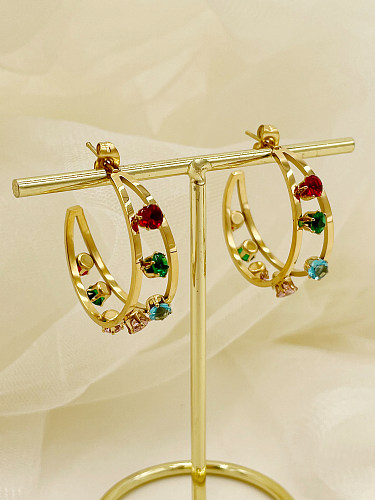 1 Paar elegante, glamouröse C-förmige Mondplattierungs-Inlay-Ohrstecker aus Edelstahl mit künstlichem Diamant und vergoldet