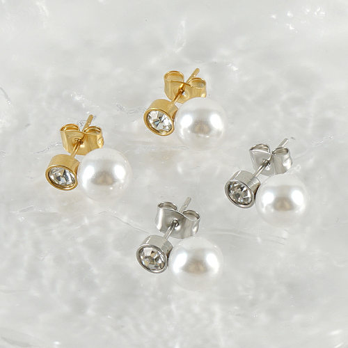 Ohrstecker im Retro-Stil mit geometrischem Edelstahl-Inlay und künstlichen Perlen, 1 Paar