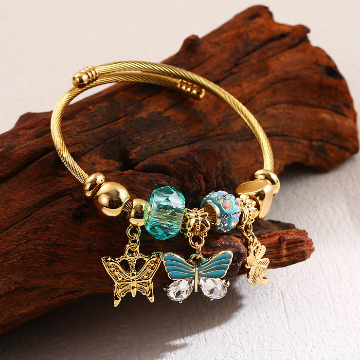 Bracelet élégant et mignon en forme de cœur et de papillon, en alliage d'acier inoxydable, incrustation de perles et de strass