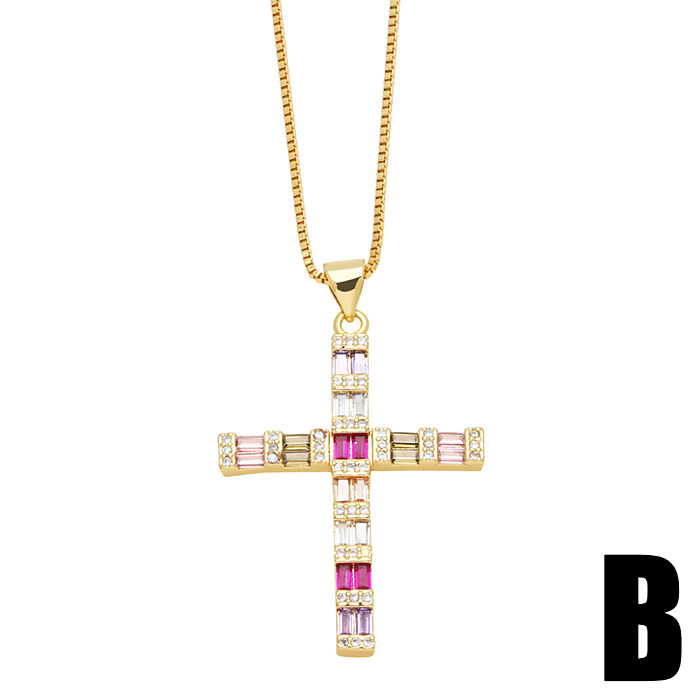 Modern Style Cross Heart Shape Stainless Steel  Copper Plating Inlay Zircon 18K Gold Plated Pendant Necklace