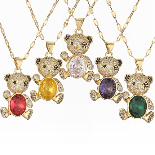 IG Style Simple Style Animal Little Bear Stainless Steel  Copper Gold Plated Zircon Pendant Necklace In Bulk