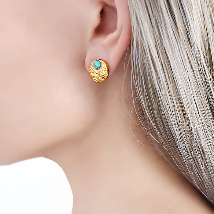 1 Pair Casual Simple Style Round Plating Inlay Stainless Steel Turquoise Rhinestones 18K Gold Plated Ear Studs