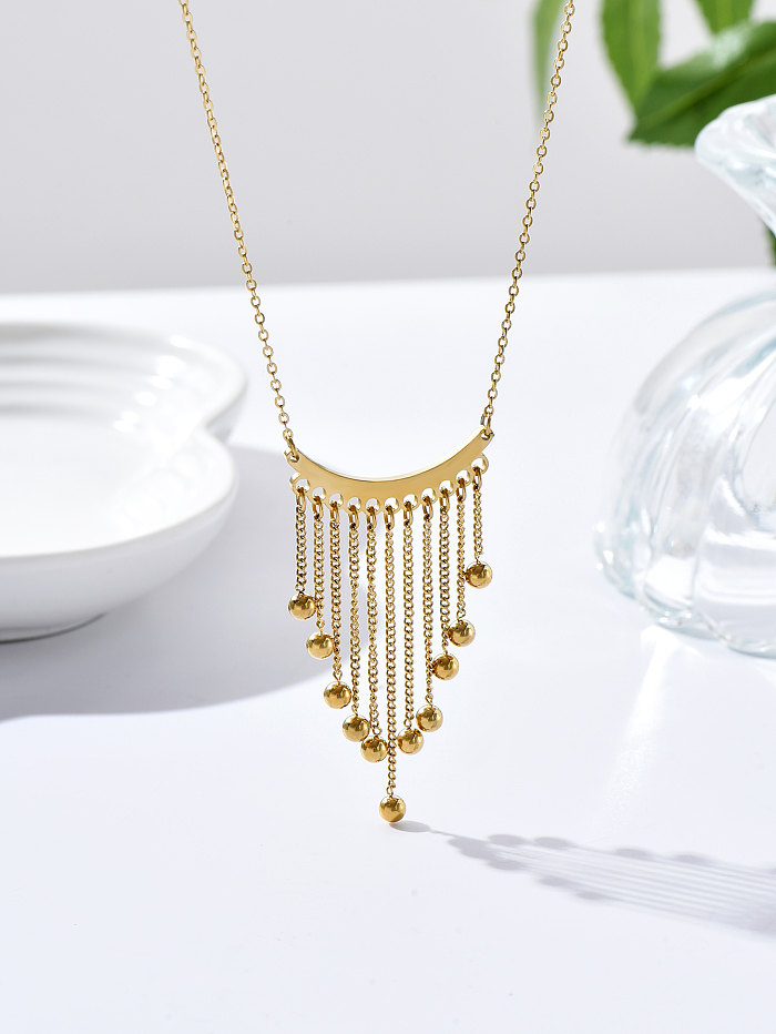 Simple Style Triangle Stainless Steel Pendant Necklace Tassel Beads Stainless Steel  Necklaces