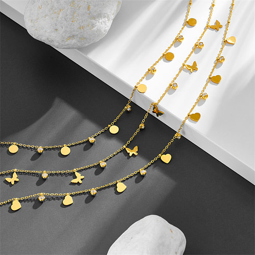Süße schlichte Halskette in runder Herzform mit Schmetterlings-Edelstahl-Beschichtung und Inlay-Zirkon-Halskette