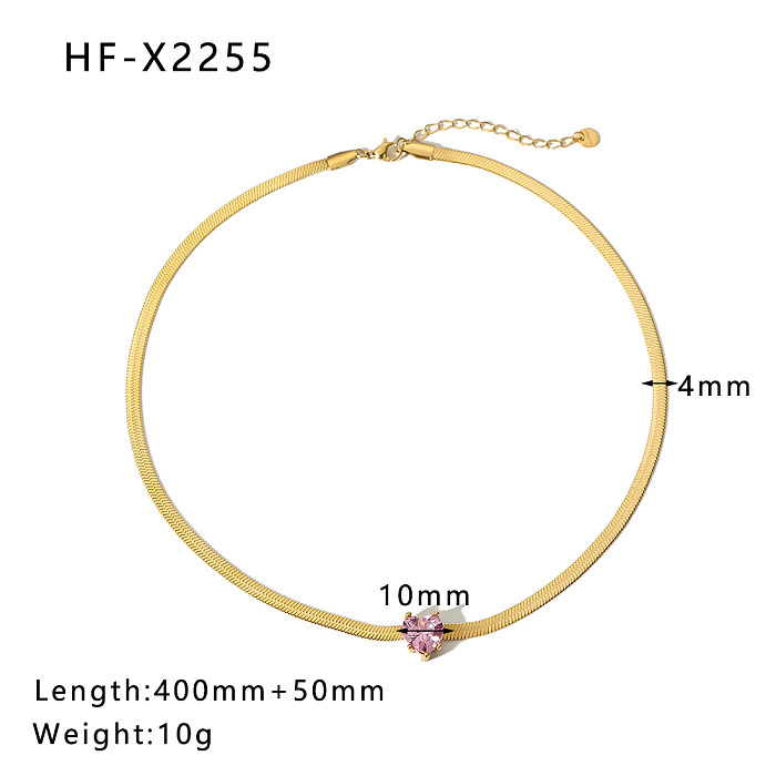 1 PCs Stainless Steel  Plated 18K Gold Love Heart-Shaped Inlaid Zircon Pendant Chain Like Flat Snake Necklace For Women