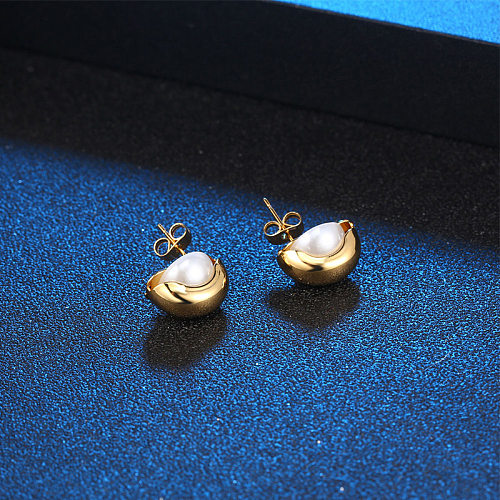 Boucles d'oreilles rondes en acier inoxydable avec incrustation de perles, style simple, 1 pièce
