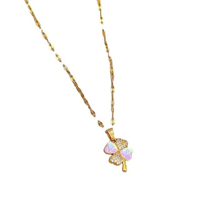 Fashion Four Leaf Clover Stainless Steel Copper Inlay Artificial Gemstones Pendant Necklace