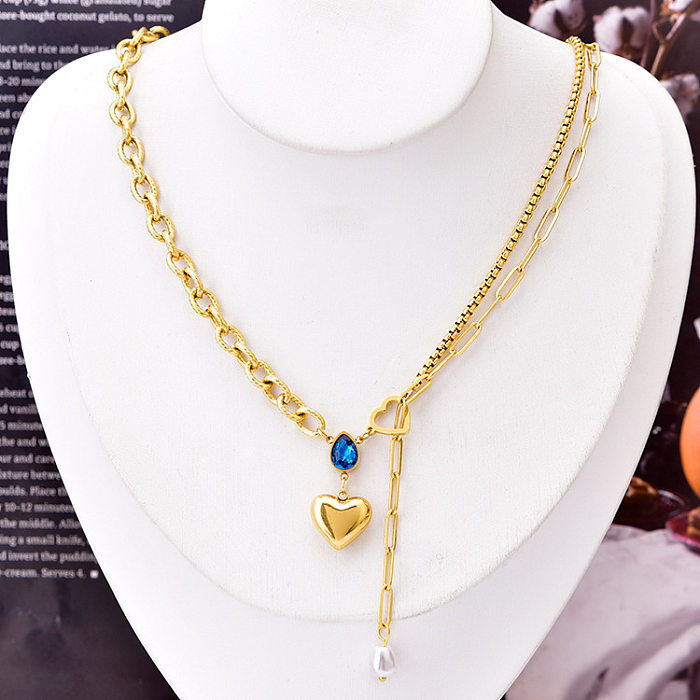 Fashion Water Droplets Heart Shape Stainless Steel Inlay Artificial Pearls Zircon Necklace
