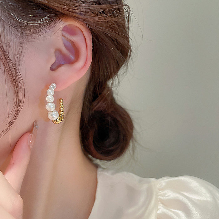 Clous d'oreilles rétro en forme de C, incrustation en acier inoxydable, perles artificielles, 1 paire