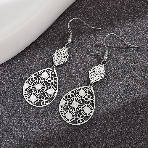 1 Pair Fashion Water Droplets Flower Stainless Steel  Hollow Out Drop Earrings