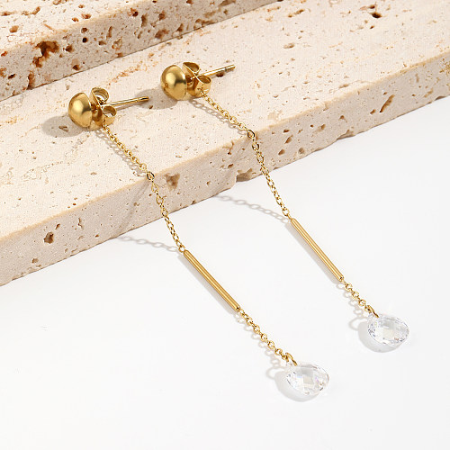 1 Pair Simple Style Round Water Droplets Stainless Steel  Rhinestone Plating 14K Gold Plated Drop Earrings