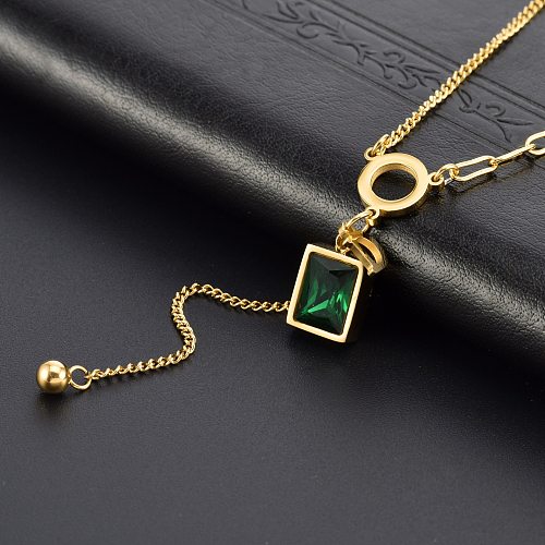 Elegant Rectangle Stainless Steel Plating Zircon Gold Plated Pendant Necklace