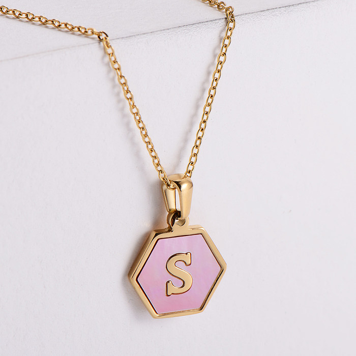 18k Gold Stainless Steel  Pendant Inlaid Pink Shell Letter Necklace