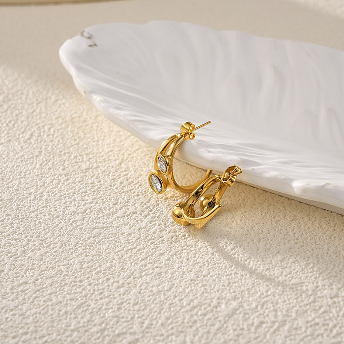 1 Paar lässige Urlaubs-Ohrringe im klassischen Stil, C-Form, ovale Beschichtung, Edelstahl, künstlicher Diamant, Zirkon, vergoldet